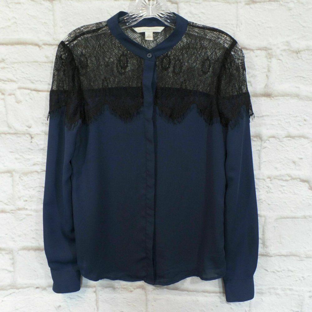 Lauren Conrad size XS Blue with Black Lace Long Sleeve Button Front Blouse